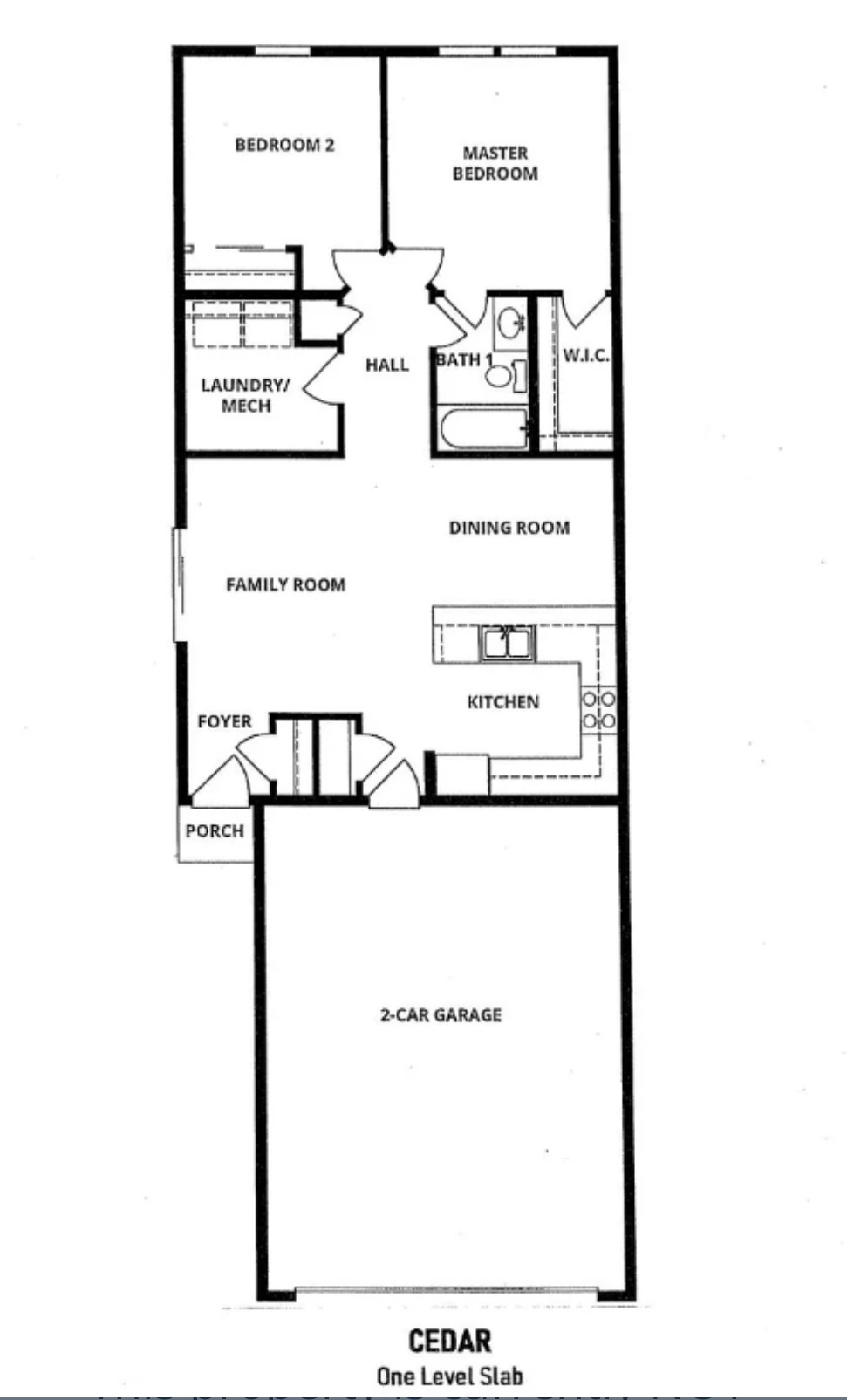 LGI Cedar floor plan diagram showing 2 bedrooms, bath, hall, laundry/mech, kitchen, dining, family room, foyer, and 2-car garage